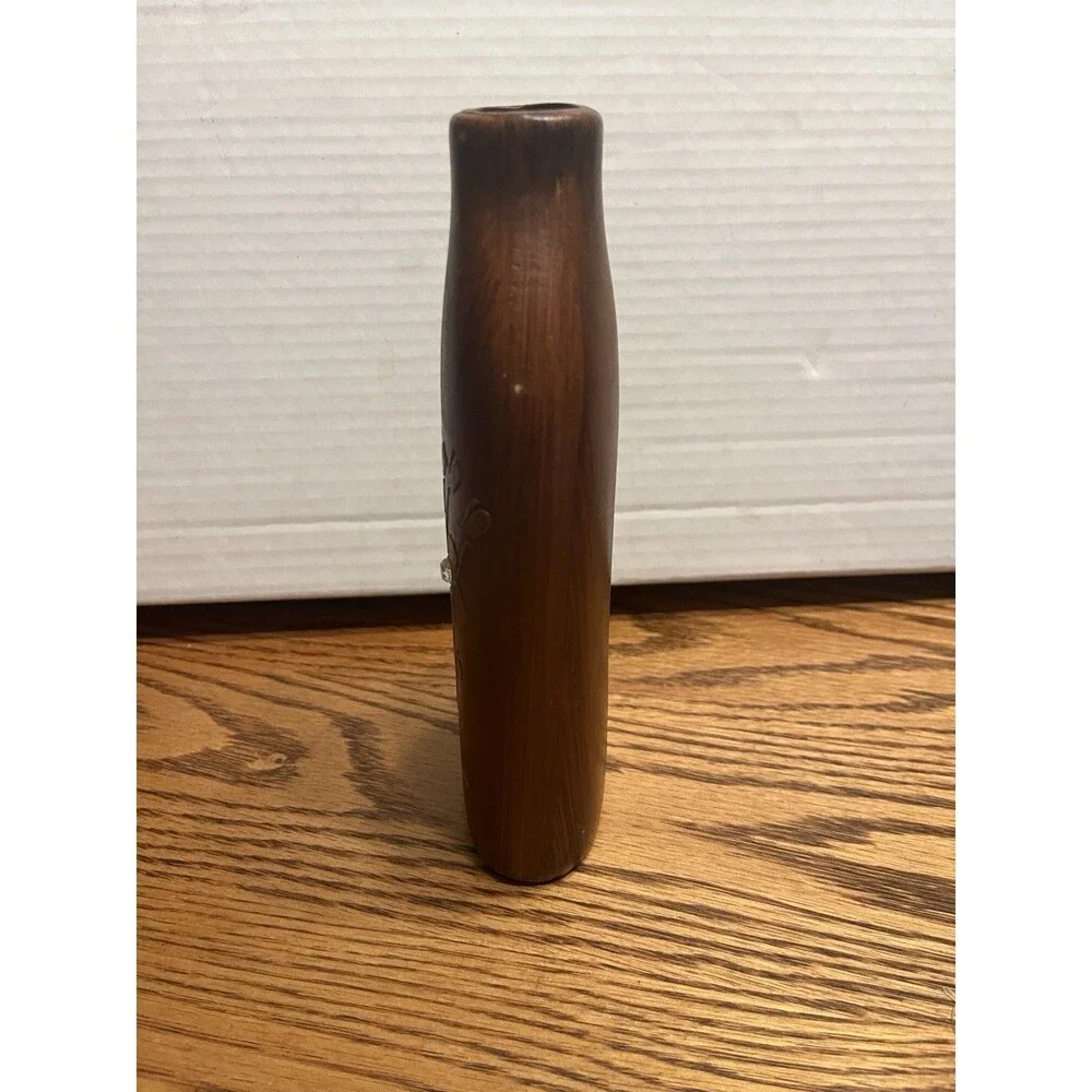 VINTAGE CERAMIC FAUX WOOD GRAIN  VASE 8” X  3” with RHINESTONE ACCENTS